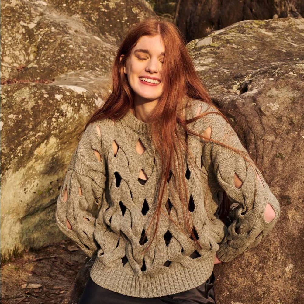 Gigi Knitwear Open Cable‎ Knit Crewneck Sweater in Gray.